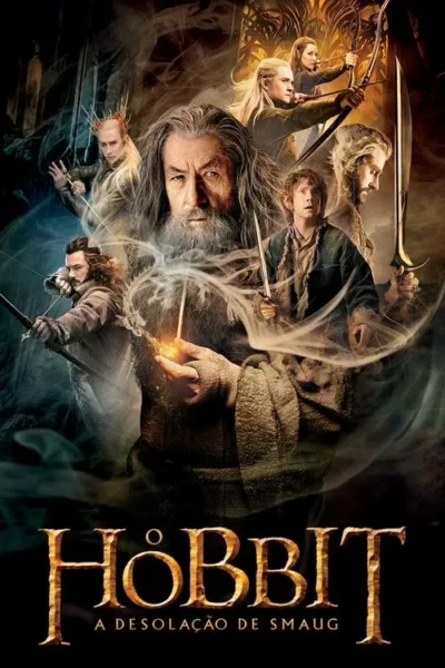 Pôster O Hobbit: A Desolação de Smaug. Gandalf, Bilbo, elfos e anões reunidos em pose de ação num cenário mágico e sombrio.