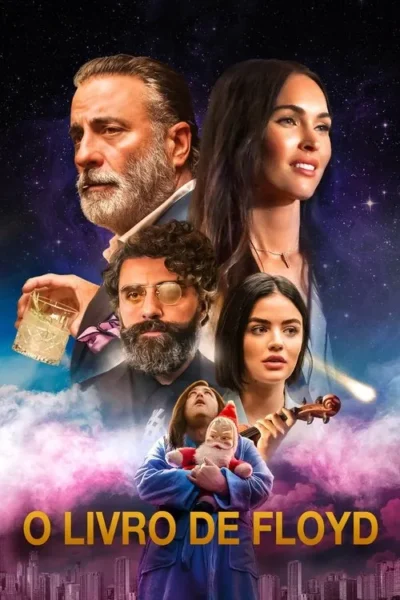 Pôster com 3 homens e 2 mulheres: um barbudo, outro com gnomo, uma com violino. Fundo de céu estrelado, nuvens e cidade.
