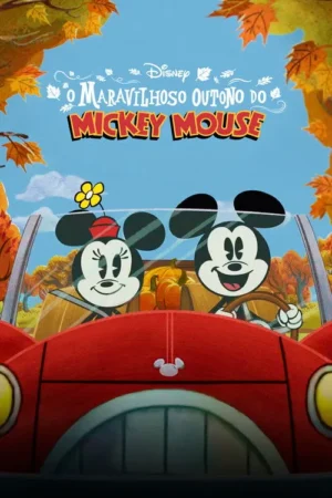 Mickey e Minnie sorridentes em um carro vermelho conversível. Fundo com árvores de folhas de outono e abóboras sob céu azul. Clima alegre.