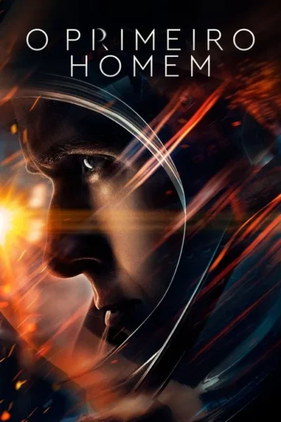 Homem de perfil usando capacete espacial. Fundo escuro com raios de luz laranja e vermelhos intensos, sugerindo ação e espaço.