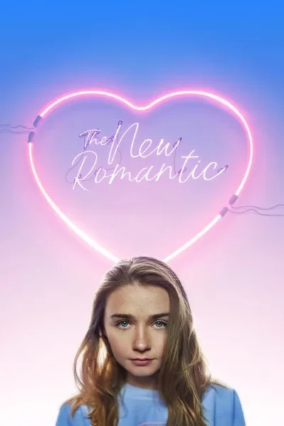 Mulher jovem com cabelos claros e olhos azuis encara. Um coração neon rosa luminoso paira sobre ela, em fundo azul e roxo. Clima moderno e romântico.