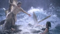 Galadriel, de Anéis de Poder, estende a mão para Halbrand em mar revolto e chuva forte. Clima tenso de perigo.