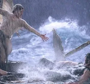 Galadriel, de Anéis de Poder, estende a mão para Halbrand em mar revolto e chuva forte. Clima tenso de perigo.