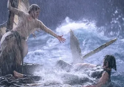 Galadriel, de Anéis de Poder, estende a mão para Halbrand em mar revolto e chuva forte. Clima tenso de perigo.