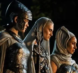 Galadriel em armadura élfica e duas figuras encapuzadas de Os Anéis de Poder olham à frente em cenário noturno, com ar sério.