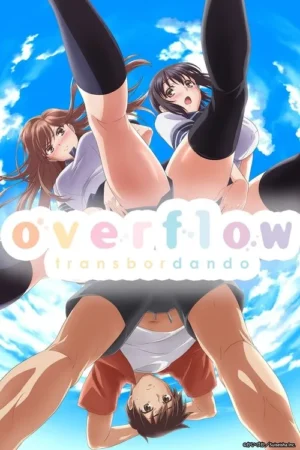 Três personagens de anime contra um céu azul. Duas garotas de uniforme escolar no topo, um garoto embaixo. Todos em ângulos incomuns.