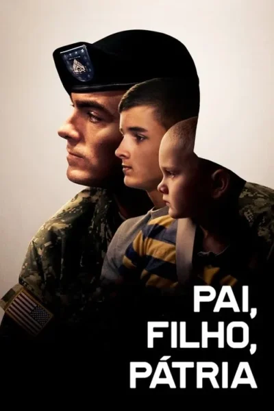 Três perfis masculinos: um soldado em uniforme, um adolescente e uma criança pequena. Juntos em camadas do adulto ao infantil. Fundo claro no topo, escuro abaixo.