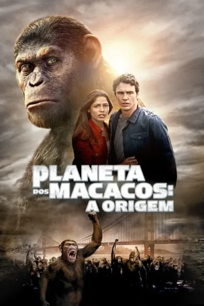 Pôster com macaco de olhos verdes, casal humano apreensivo, e macacos em motim na Ponte Golden Gate sob céu dramático.