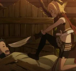 Re:Zero: Felt, loira, ajoelha-se sobre Subaru assustado, apontando uma adaga para seu rosto em cenário rústico e escuro. Clima tenso.