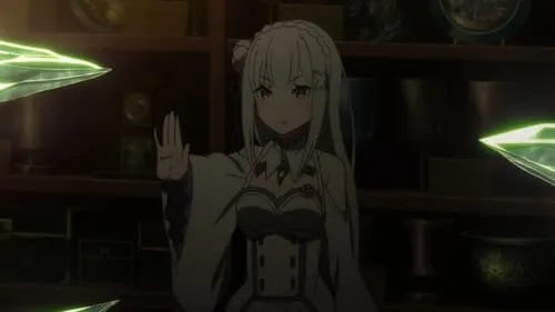 Emilia de Re:Zero em sala escura,mão levantada,com cristais verdes brilhantes voando ao redor. Clima mágico e tenso.