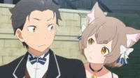 Re:Zero: Subaru, em terno, parece surpreso ao ser observado por Felix, com orelhas de gato e um olhar curioso/travesso, em um cenário elegante.