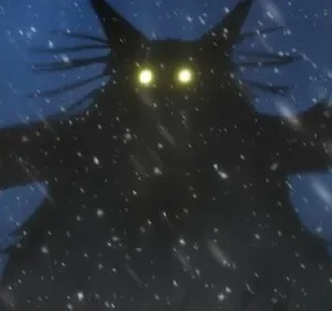 Pôster de [Nome da Série/Filme]: Uma criatura monstruosa escura, com olhos amarelos brilhantes, emerge da nevasca sob um céu noturno azulado.