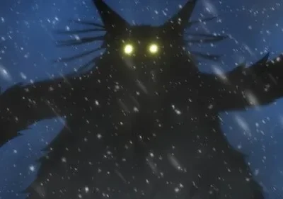 Pôster de [Nome da Série/Filme]: Uma criatura monstruosa escura, com olhos amarelos brilhantes, emerge da nevasca sob um céu noturno azulado.