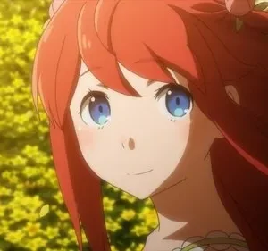 Menma de Anohana. Jovem de cabelo ruivo e olhos azuis sorri gentilmente em um campo de flores amarelas sob luz cálida. Clima etéreo e alegre.