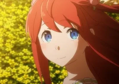 Menma de Anohana. Jovem de cabelo ruivo e olhos azuis sorri gentilmente em um campo de flores amarelas sob luz cálida. Clima etéreo e alegre.