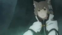 Pôster de Re:Zero: Ferris, com orelhas de gato e capa branca, parece preocupado em um ambiente escuro.