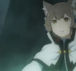 Pôster de Re:Zero: Ferris, com orelhas de gato e capa branca, parece preocupado em um ambiente escuro.