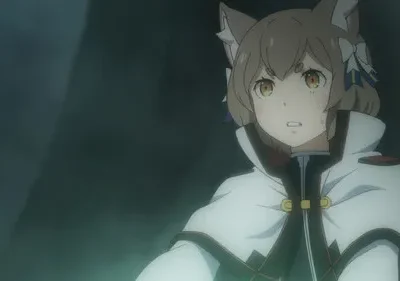 Pôster de Re:Zero: Ferris, com orelhas de gato e capa branca, parece preocupado em um ambiente escuro.