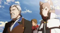 Re:Zero: Um homem grisalho sério e Ferris com orelhas de gato sorrindo, sob um céu azul claro. Um dia ensolarado e enérgico.