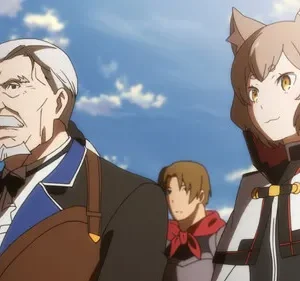 Re:Zero: Um homem grisalho sério e Ferris com orelhas de gato sorrindo, sob um céu azul claro. Um dia ensolarado e enérgico.