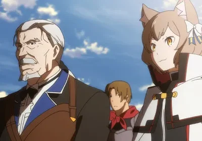 Re:Zero: Um homem grisalho sério e Ferris com orelhas de gato sorrindo, sob um céu azul claro. Um dia ensolarado e enérgico.