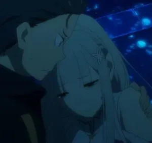 Re:ZERO: Subaru abraça a desolada Emilia em um cenário etéreo azul-escuro com luzes. Cena emocional e íntima.