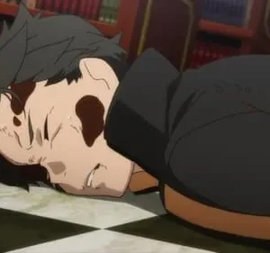 Subaru de Re:Zero caído no chão xadrez de uma biblioteca, com sangue no rosto. Cena dramática e sombria.