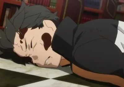 Subaru de Re:Zero caído no chão xadrez de uma biblioteca, com sangue no rosto. Cena dramática e sombria.