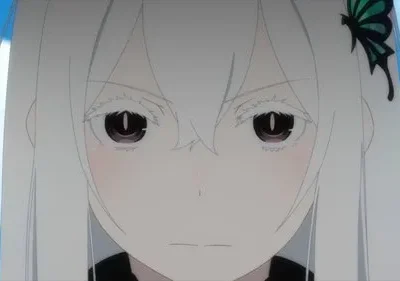 Echidna de Re:Zero em close-up, com longos cabelos brancos e olhos escuros. Ela tem um olhar sério, com uma borboleta verde no cabelo sobre um céu azul.