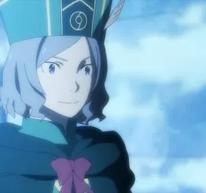 Julius Euclius de Re:Zero, com cabelo azul e chapéu com pena, sorri gentilmente contra um fundo etéreo azul. Pôster.