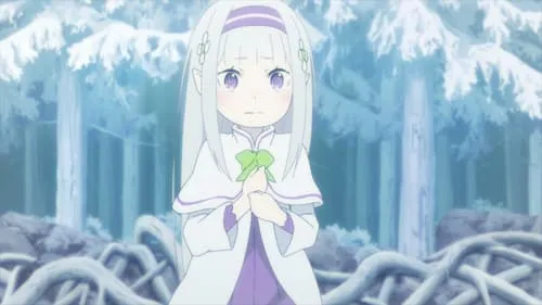 Pequena Emilia de Re:Zero,com cabelo branco e olhos roxos,segura uma fita verde em floresta gelada. Clima invernal e melancólico.