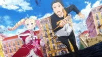 Subaru e Beatrice de Re:Zero correm em uma cidade colorida. Expressões de urgência, com detritos voando sob o céu azul.