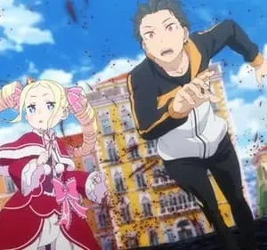 Subaru e Beatrice de Re:Zero correm em uma cidade colorida. Expressões de urgência, com detritos voando sob o céu azul.
