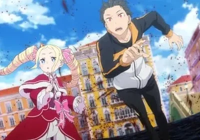 Subaru e Beatrice de Re:Zero correm em uma cidade colorida. Expressões de urgência, com detritos voando sob o céu azul.