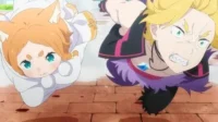 Re:Zero: Puck, gato branco de olhos arregalados, e Garfiel, loiro furioso de dentes cerrados, avançam em cena de ação intensa.
