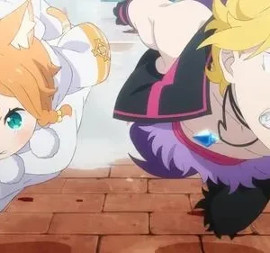 Re:Zero: Puck, gato branco de olhos arregalados, e Garfiel, loiro furioso de dentes cerrados, avançam em cena de ação intensa.