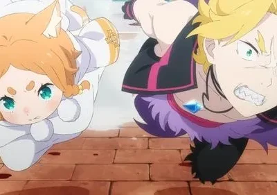 Re:Zero: Puck, gato branco de olhos arregalados, e Garfiel, loiro furioso de dentes cerrados, avançam em cena de ação intensa.