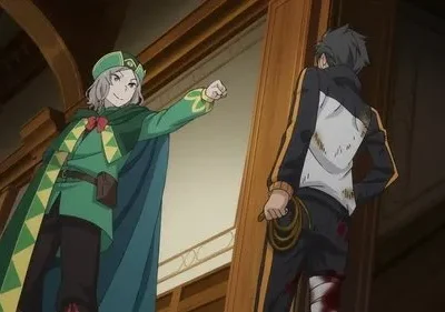 Otto sorri e aponta para um Subaru ferido em Re:Zero. Subaru, de costas, segura uma corda num interior clássico.