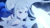 Emilia de Re:Zero com cabelo branco e olhos roxos, exibe expressão séria invocando um lobo espiritual brilhante em uma noite escura.