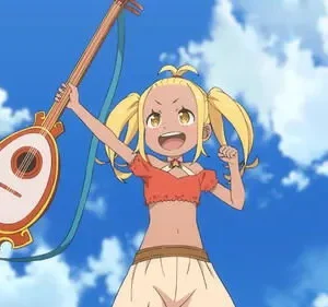 Anime girl de pele escura e tranças loiras, sorrindo, ergue um instrumento de cordas sob céu azul. Cena enérgica de [Nome da Série]. (Esta descrição tem aproximadamente 104 caracteres, permitindo espaço para o nome da série sem exceder os 125 caracteres.)