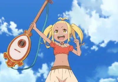 Anime girl de pele escura e tranças loiras, sorrindo, ergue um instrumento de cordas sob céu azul. Cena enérgica de [Nome da Série]. (Esta descrição tem aproximadamente 104 caracteres, permitindo espaço para o nome da série sem exceder os 125 caracteres.)