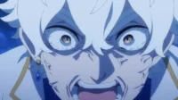 Close de anime de Vanitas gritando furiosamente, cabelo branco, olhos amarelos amendoados e veias tensas no rosto. Clima intenso e sombrio.