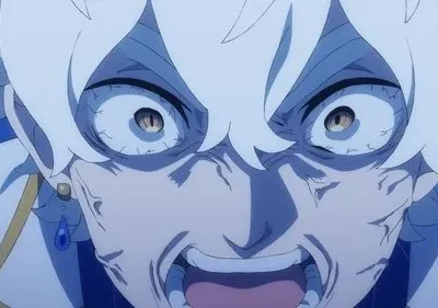Close de anime de Vanitas gritando furiosamente, cabelo branco, olhos amarelos amendoados e veias tensas no rosto. Clima intenso e sombrio.