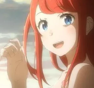 Maquia, de Maquia: When the Promised Flower Blooms, sorri. Jovem ruiva de olhos azuis em um cenário iluminado de pôr do sol. Clima esperançoso.