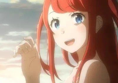 Maquia, de Maquia: When the Promised Flower Blooms, sorri. Jovem ruiva de olhos azuis em um cenário iluminado de pôr do sol. Clima esperançoso.