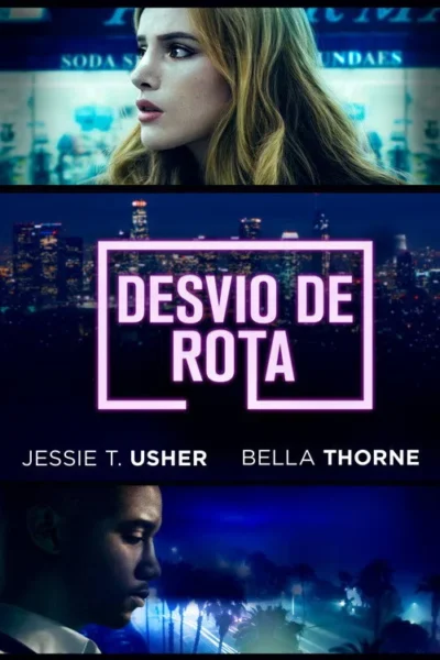 Pôster: Mulher loira e homem em perfis sérios. Cenários noturnos urbanos com skyline e rodovia. Atmosfera de mistério e tensão.