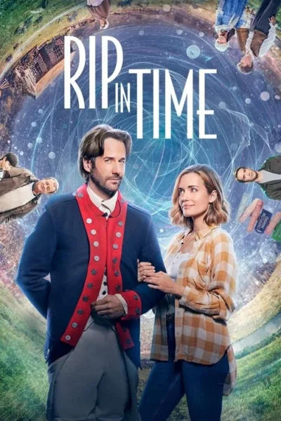 Pôster de filme: Um homem em traje colonial e uma mulher moderna de mãos dadas, com um portal do tempo repleto de cenas e pessoas de diferentes eras ao fundo.