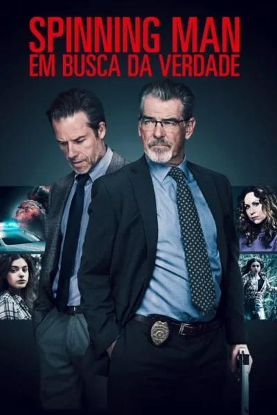 Pôster de suspense. Dois homens em ternos, um com barba e óculos, no centro. Imagens menores mostram cenas de crime e outras pessoas.