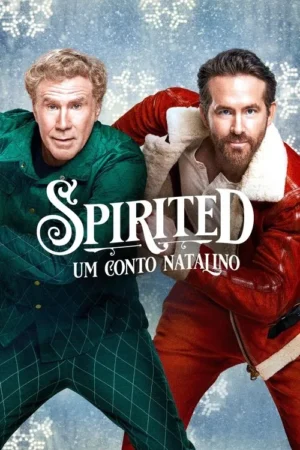Dois homens. Um de verde quadriculado, outro barbudo com casaco vermelho de Papai Noel, contra fundo nevado com flocos. Cena festiva natalina.