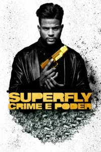 Homem sério de jaqueta preta segura pistola dourada. Abaixo,grande pilha de dinheiro. Fundo branco com respingos pretos.